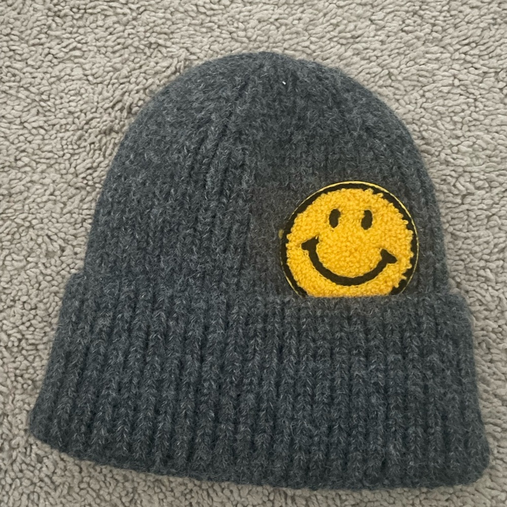 Charcoal Kids Beanie with Yellow Smiley Patch